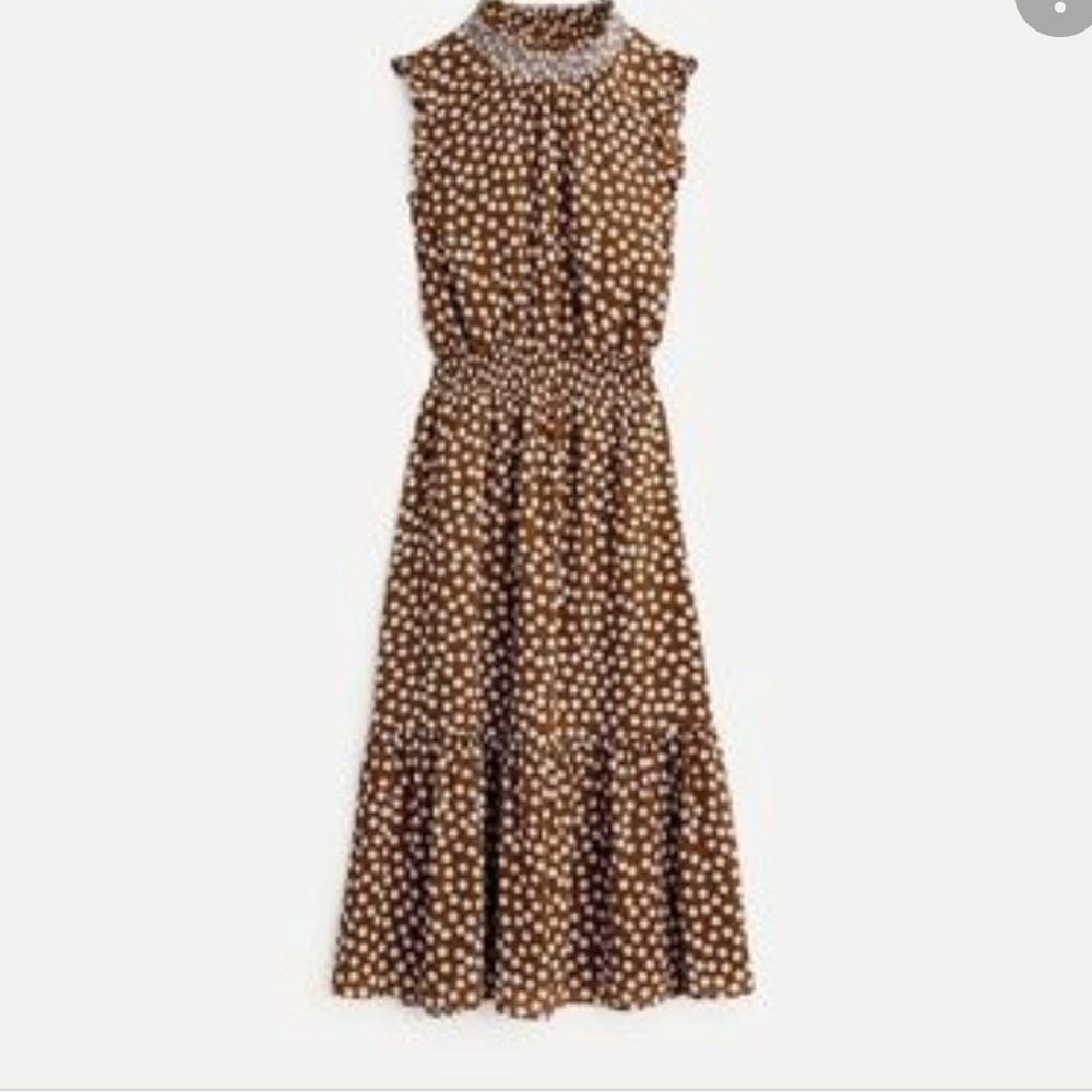 J. Crew Brown And White Polka Dot Gauze A-line Smocked Waist Dress